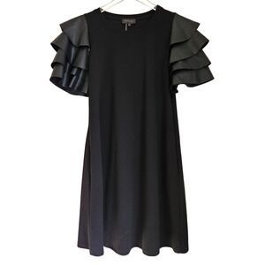 Gracia Womens Black Faux Leather Tiered Ruffle Sleeve Shift Mini Dress Large